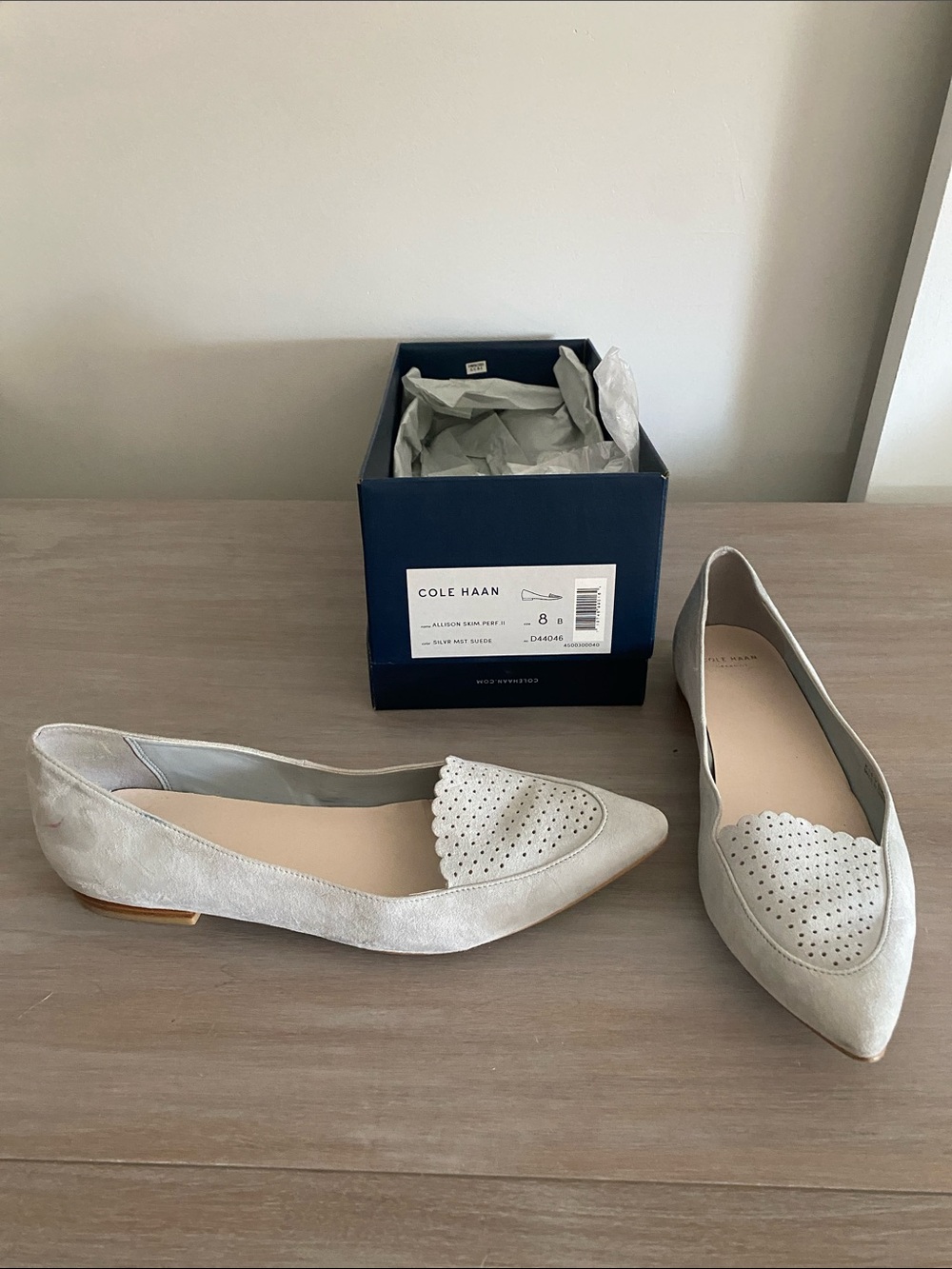 Cole Haan Light Gray Suede Pointed-Toe Flats with Scalloped Perforation